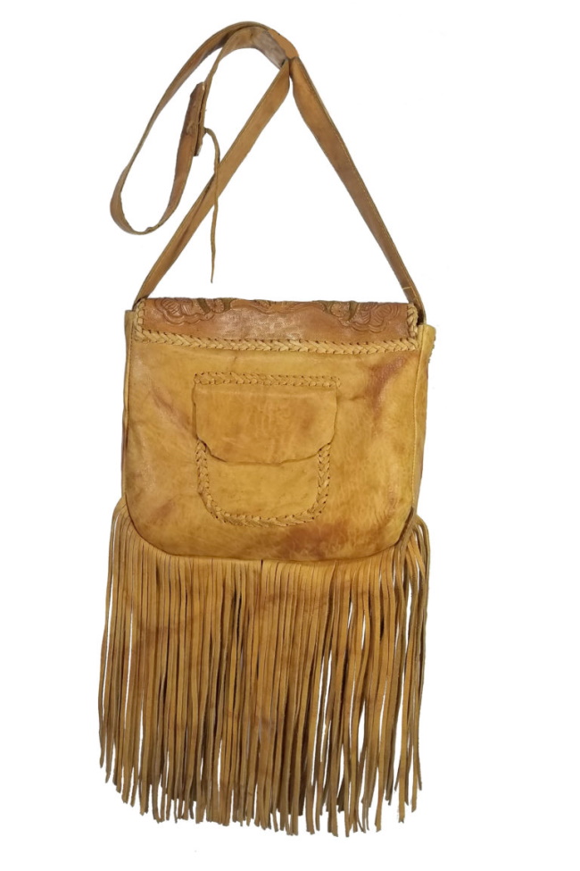 (image for) Inlaid Hand Tooled Fringed Leather Cross Body Shoulder Bag